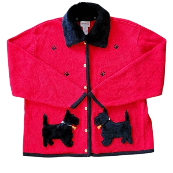 Vtg Crystal-Kobe Red Cardigan Button-up Sweater Black Scottish Terriers Wmns XL - Picture 1 of 13